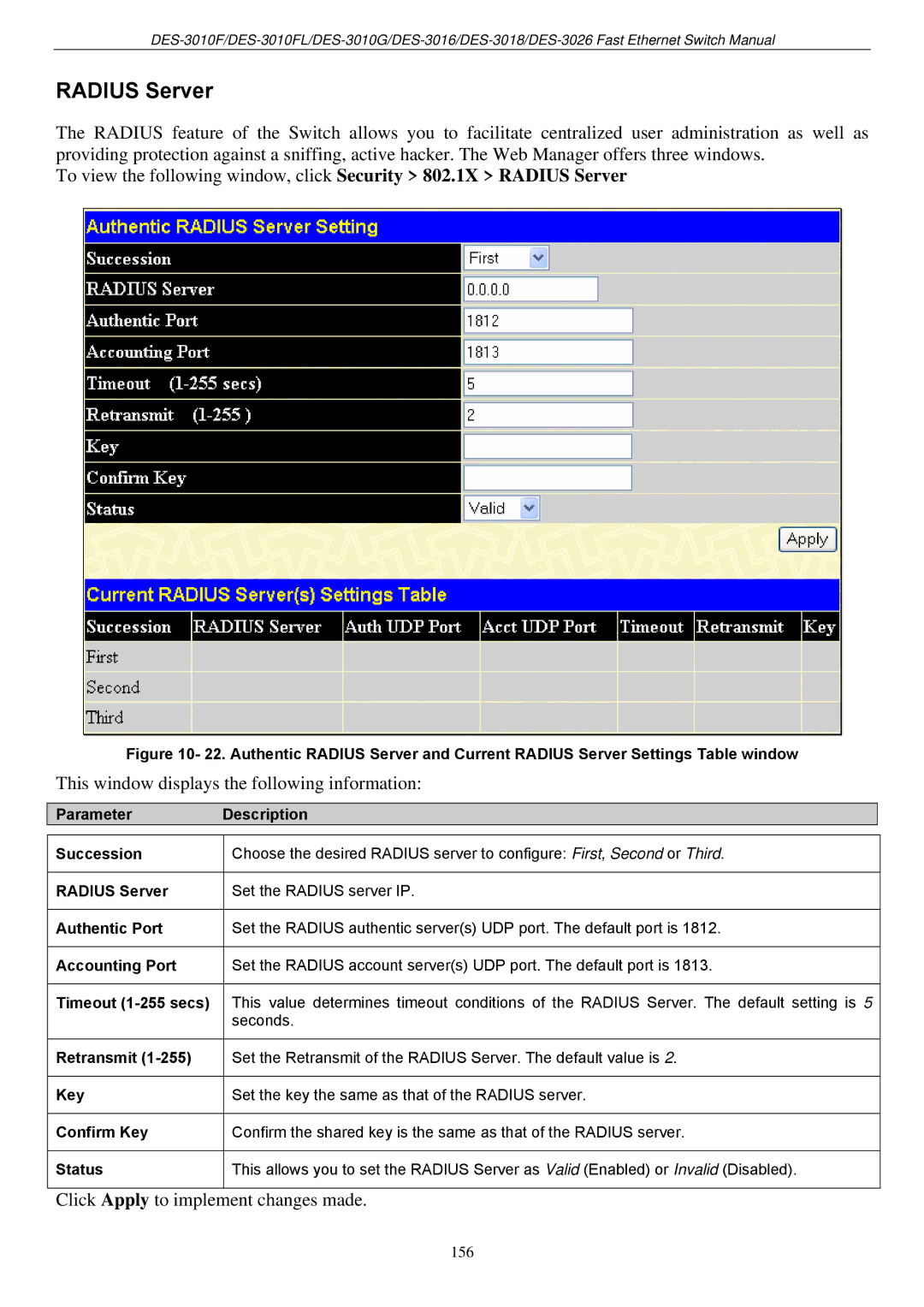 D-Link DES-3018 manual Radius Server, Click Apply to implement changes made 