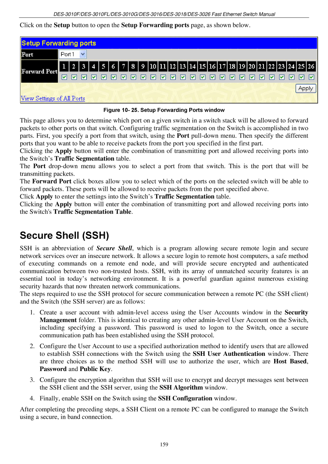 D-Link DES-3018 manual Secure Shell SSH, Setup Forwarding Ports window 