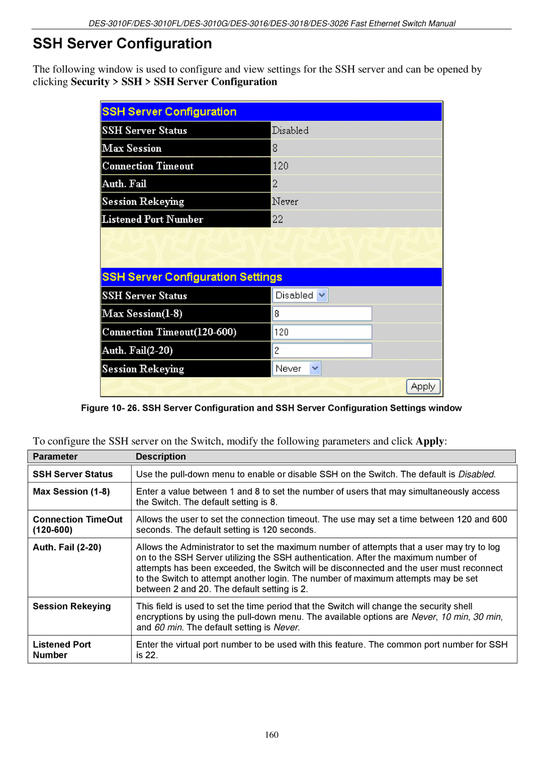 D-Link DES-3018 manual SSH Server Configuration 