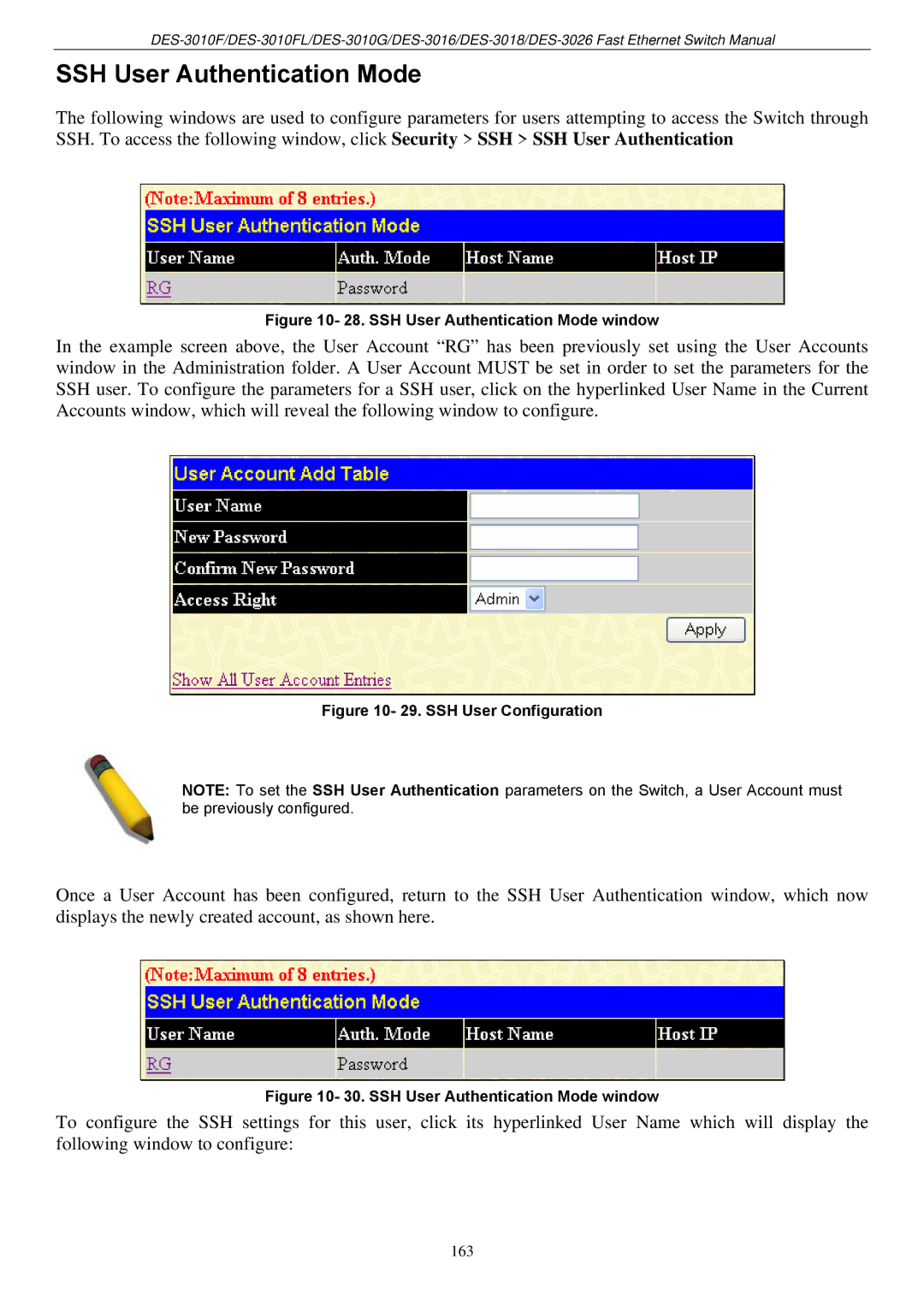 D-Link DES-3018 manual SSH User Authentication Mode window 