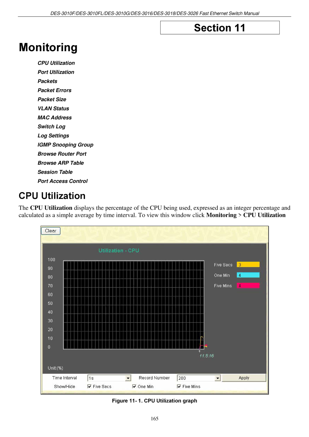 D-Link DES-3018 manual Monitoring, CPU Utilization 