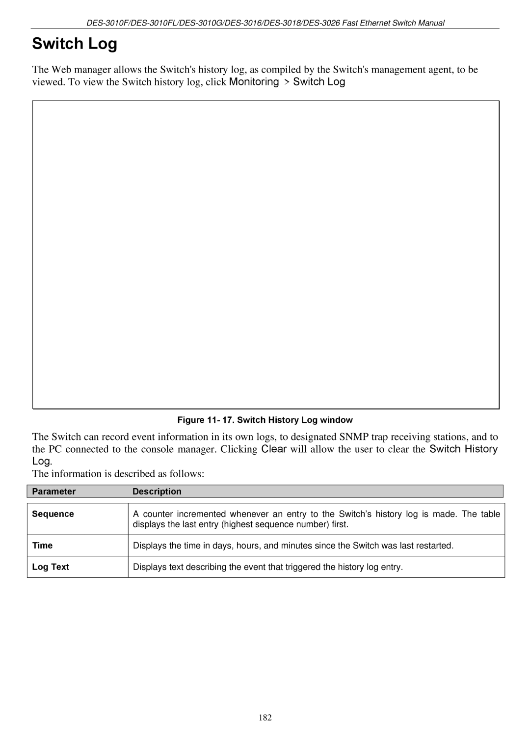 D-Link DES-3018 manual Switch Log, ParameterDescription Sequence Time Log Text 