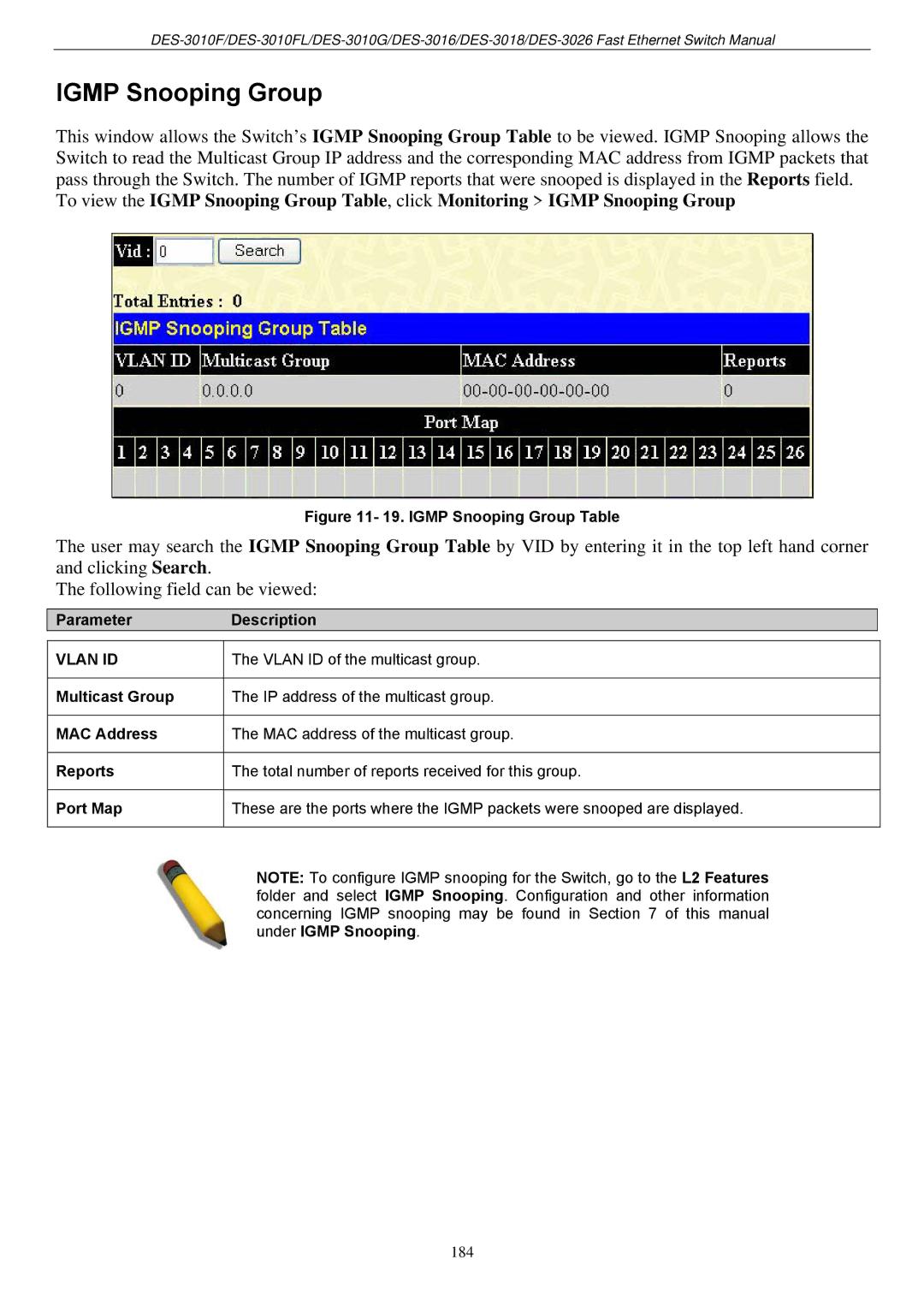 D-Link DES-3018 manual Igmp Snooping Group, Multicast Group MAC Address Reports Port Map 