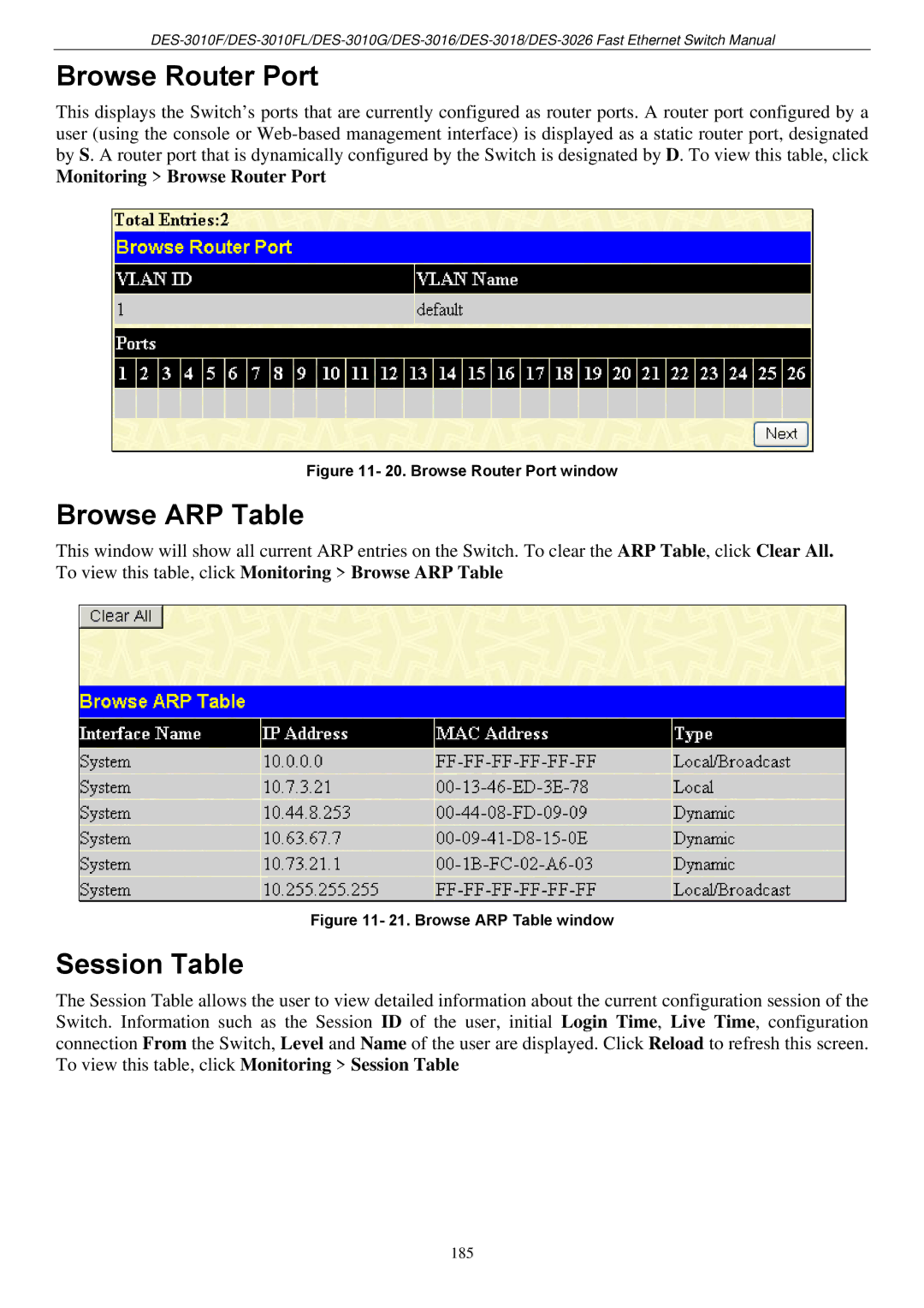 D-Link DES-3018 manual Browse Router Port, Browse ARP Table, Session Table 