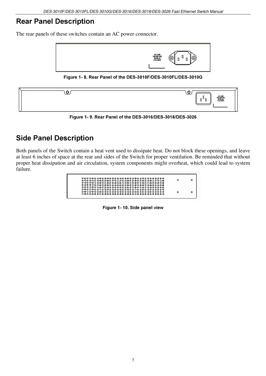 D-Link DES-3018 manual Rear Panel Description, Side Panel Description 