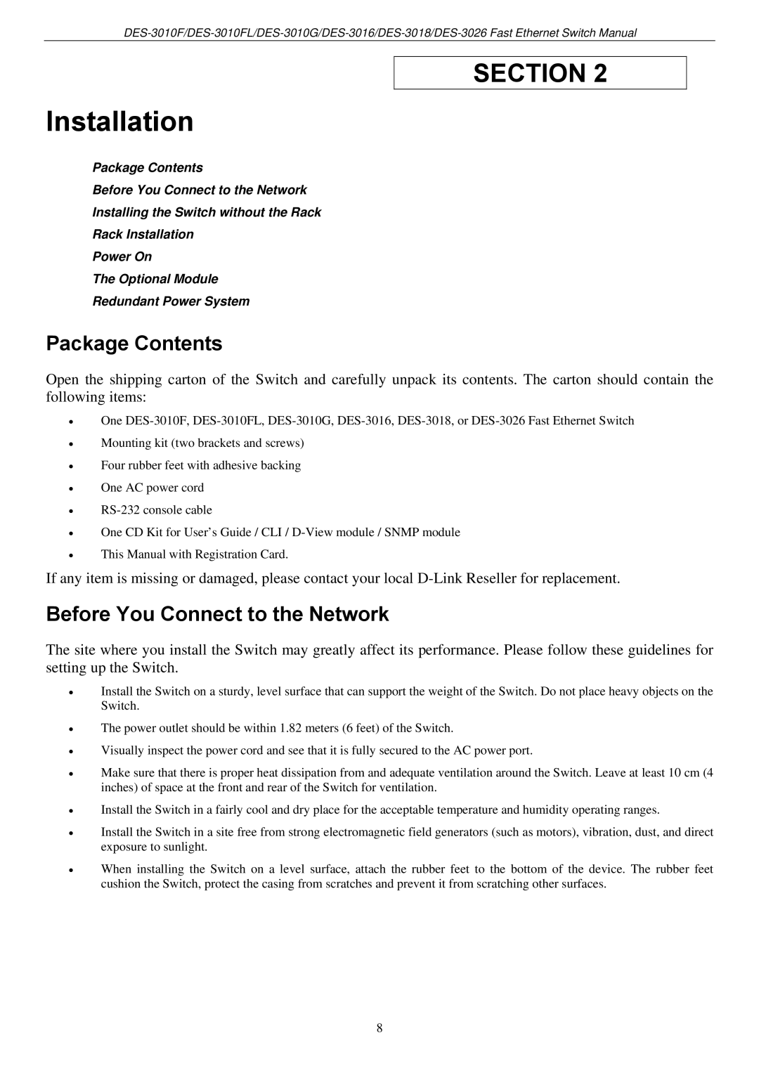 D-Link DES-3018 manual Installation, Package Contents, Before You Connect to the Network 