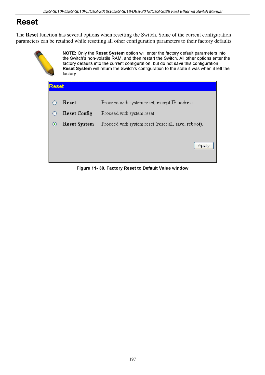 D-Link DES-3018 manual Factory Reset to Default Value window 