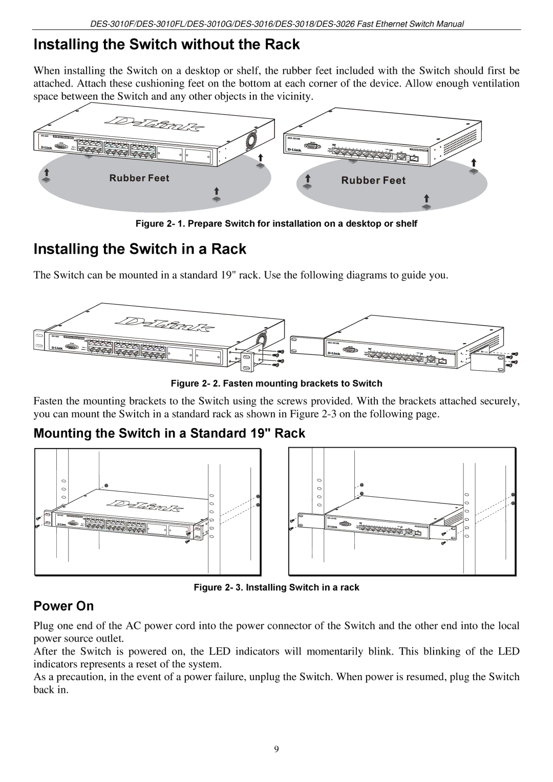 D-Link DES-3018 manual Installing the Switch without the Rack, Installing the Switch in a Rack, Power On 