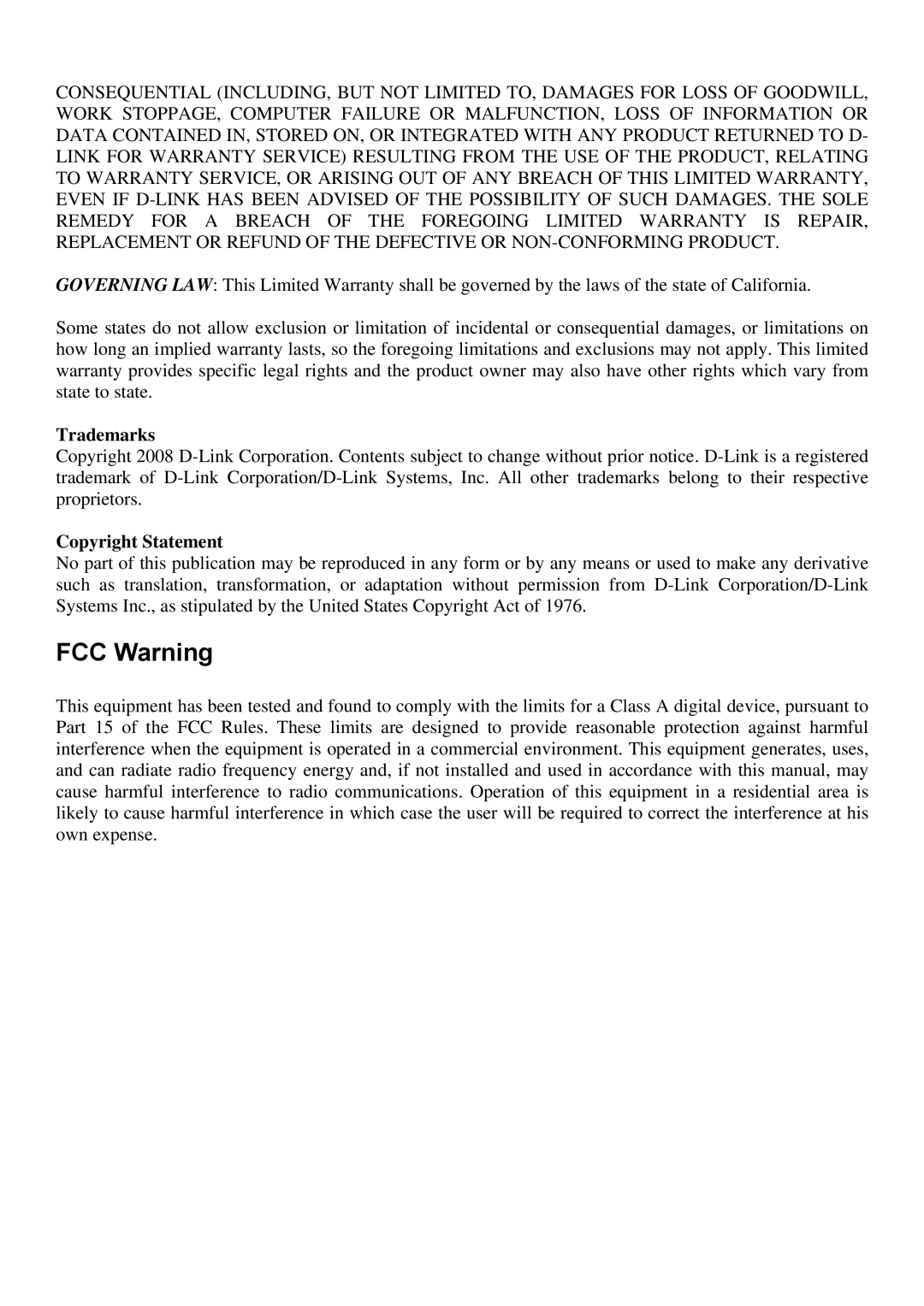 D-Link DES-3018 manual FCC Warning, Trademarks, Copyright Statement 