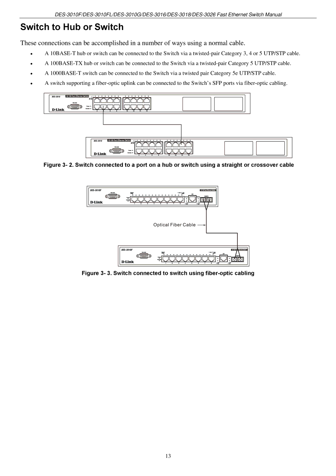 D-Link DES-3018 manual Switch to Hub or Switch, Switch connected to switch using fiber-optic cabling 