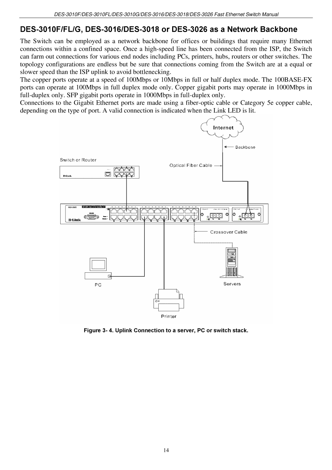 D-Link DES-3018 manual Uplink Connection to a server, PC or switch stack 