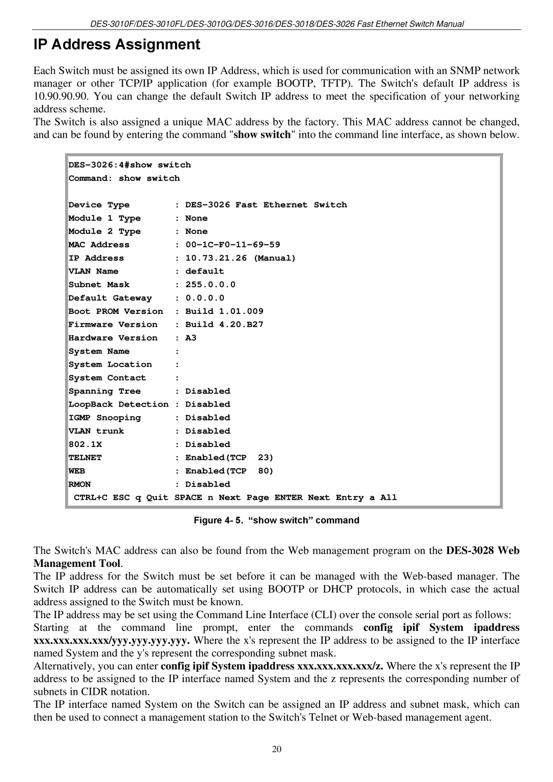 D-Link DES-3018 manual IP Address Assignment, Show switch command 