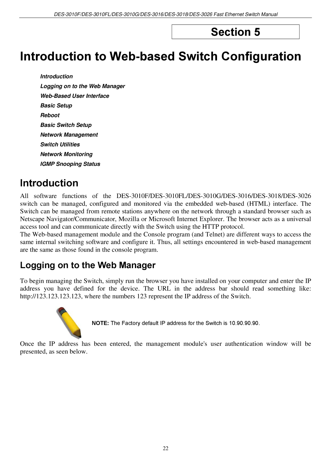 D-Link DES-3018 manual Introduction to Web-based Switch Configuration, Logging on to the Web Manager 