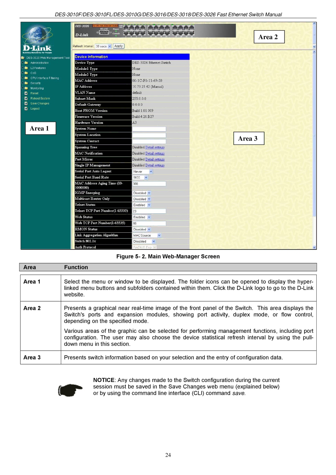 D-Link DES-3018 manual Area Function 