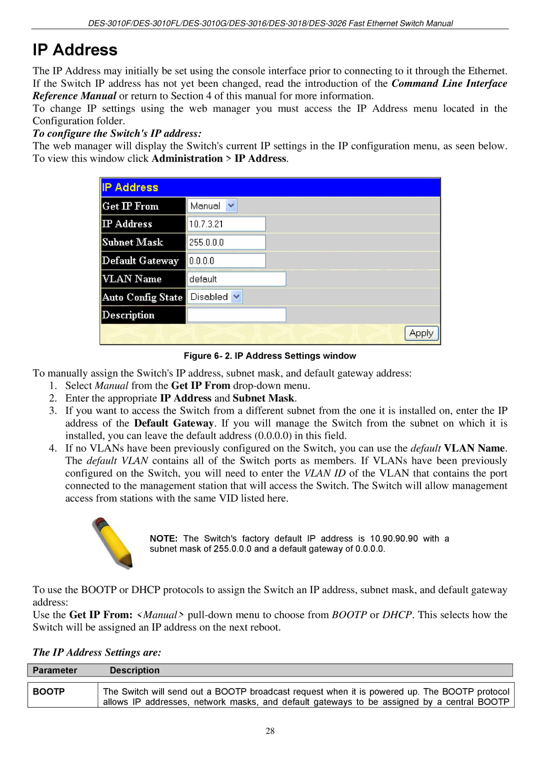 D-Link DES-3018 manual IP Address, Parameter Description 