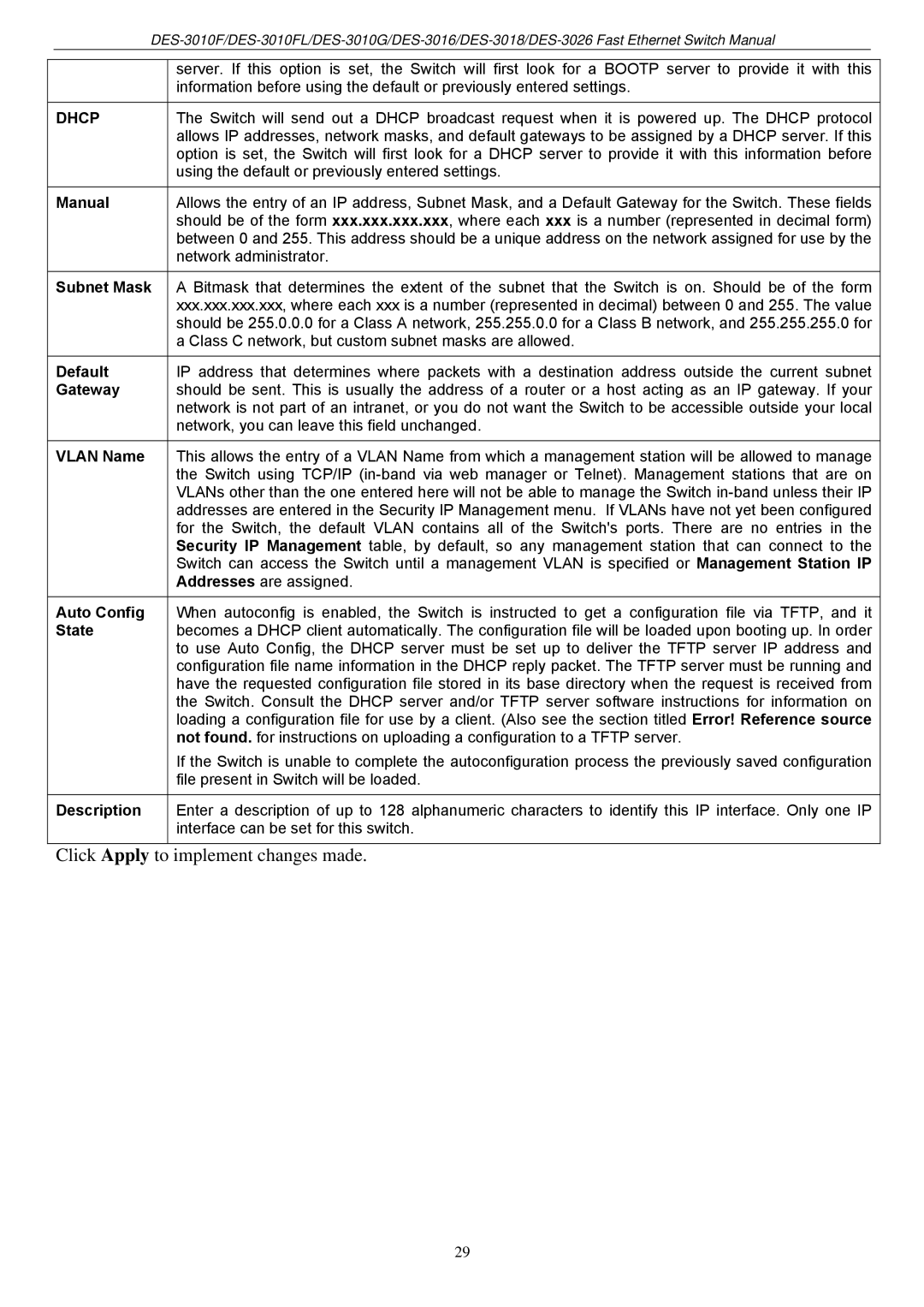 D-Link DES-3018 manual Click Apply to implement changes made 