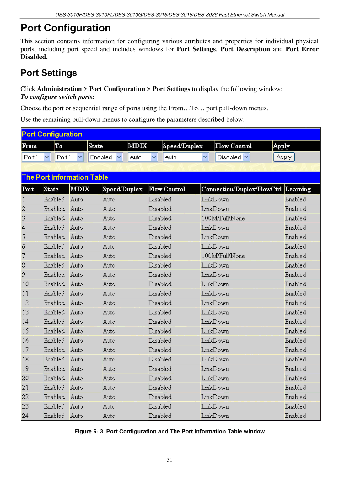 D-Link DES-3018 manual Port Configuration, Port Settings 