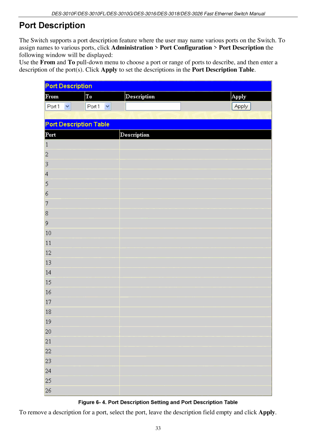 D-Link DES-3018 manual Port Description Setting and Port Description Table 