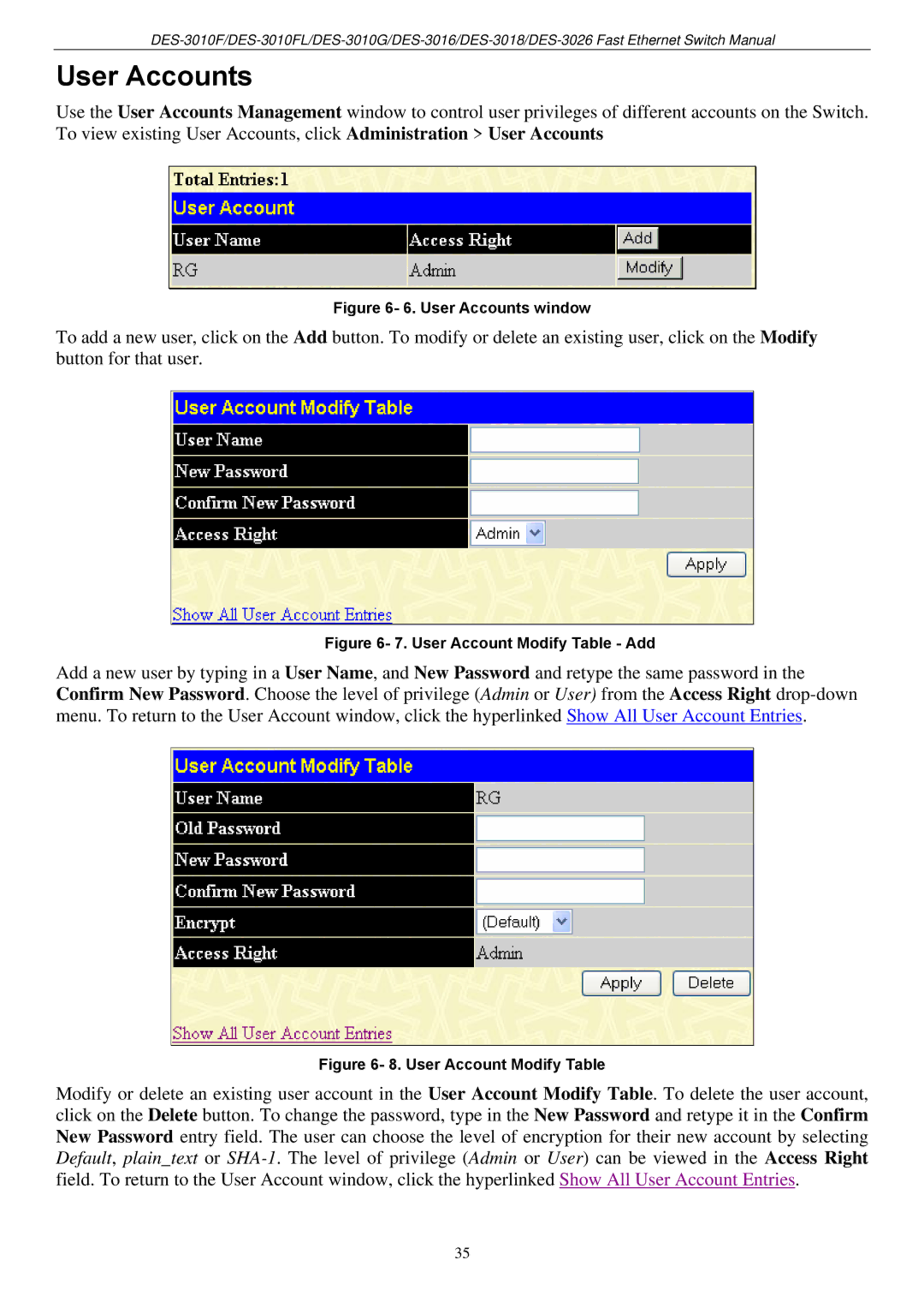 D-Link DES-3018 manual User Accounts window 