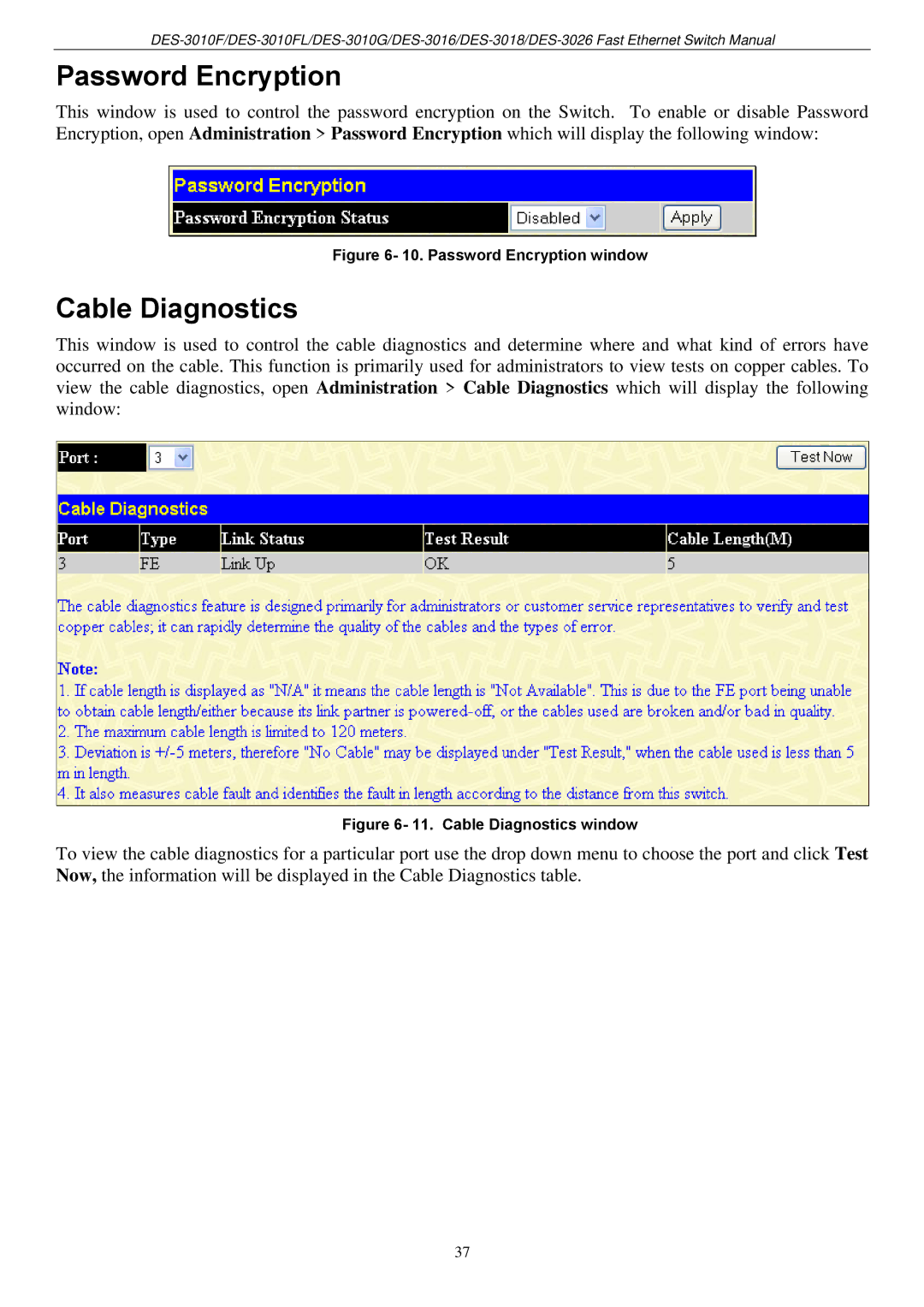 D-Link DES-3018 manual Password Encryption, Cable Diagnostics 