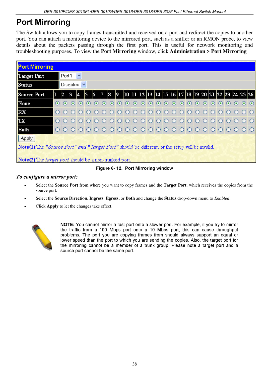 D-Link DES-3018 manual Port Mirroring window 