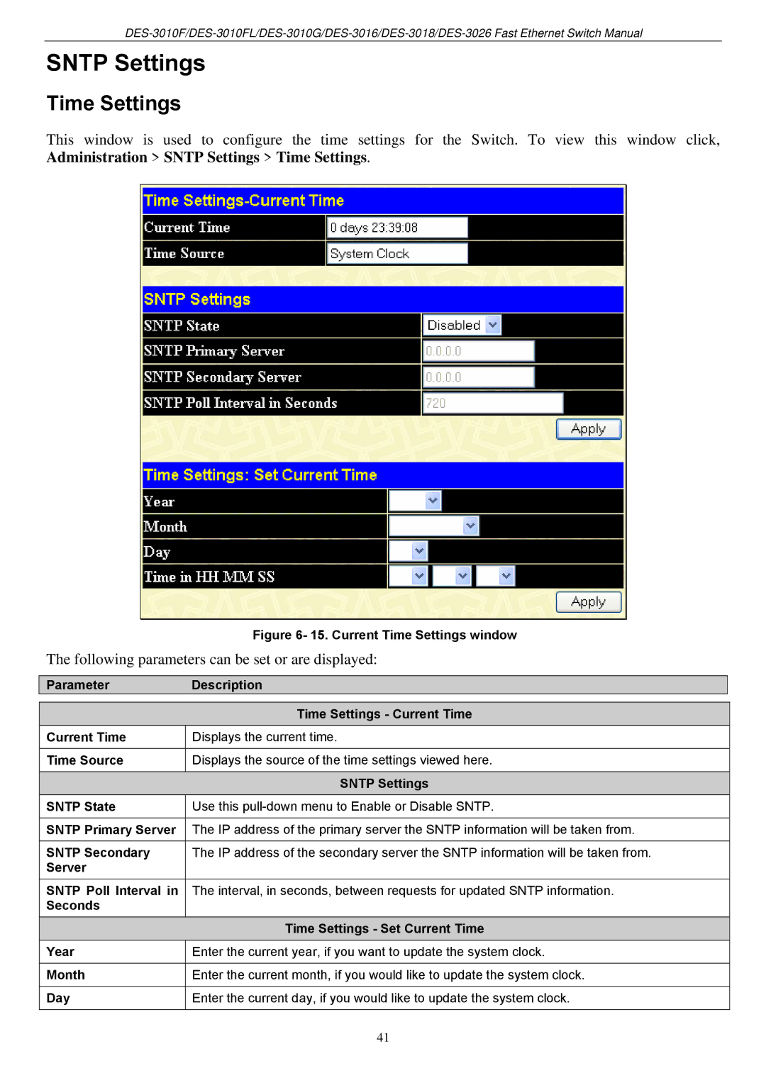 D-Link DES-3018 manual Sntp Settings, Time Settings, Following parameters can be set or are displayed 