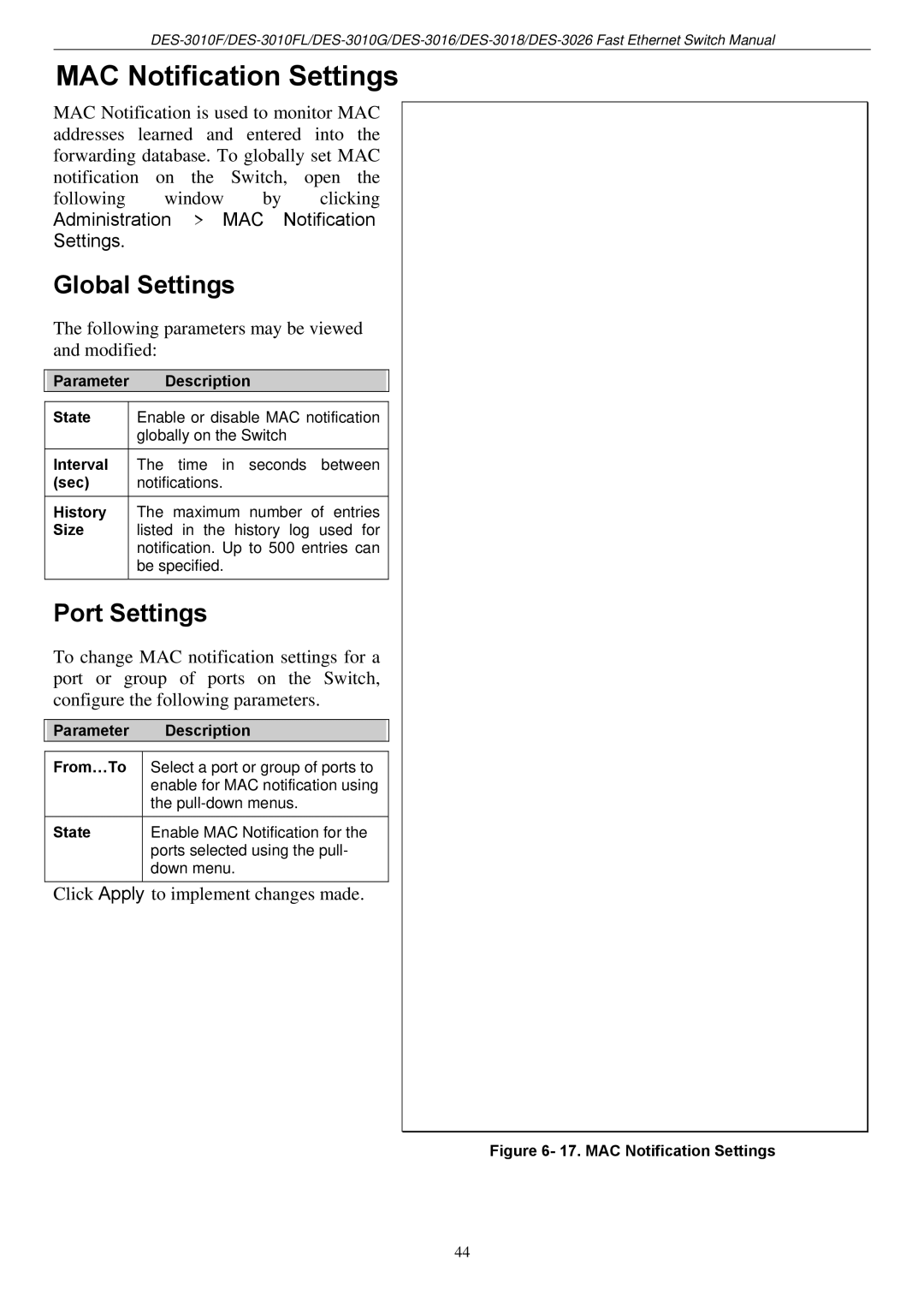 D-Link DES-3018 manual MAC Notification Settings, Global Settings, Following parameters may be viewed and modified 