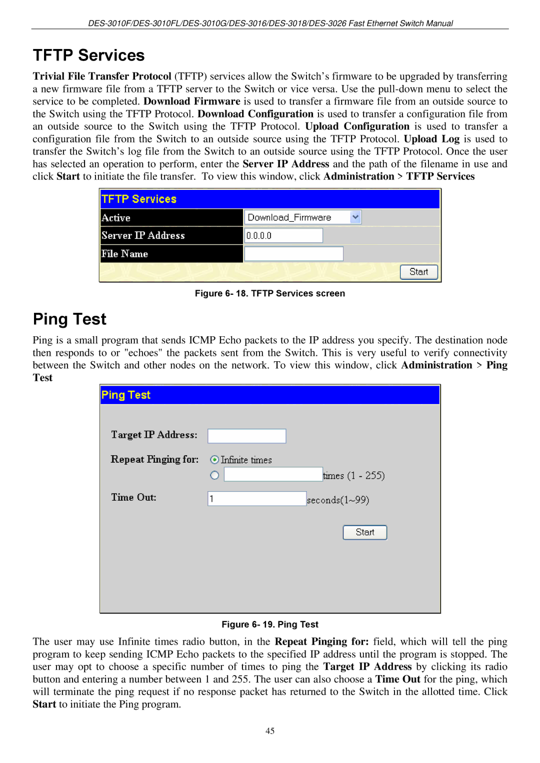 D-Link DES-3018 manual Tftp Services, Ping Test 