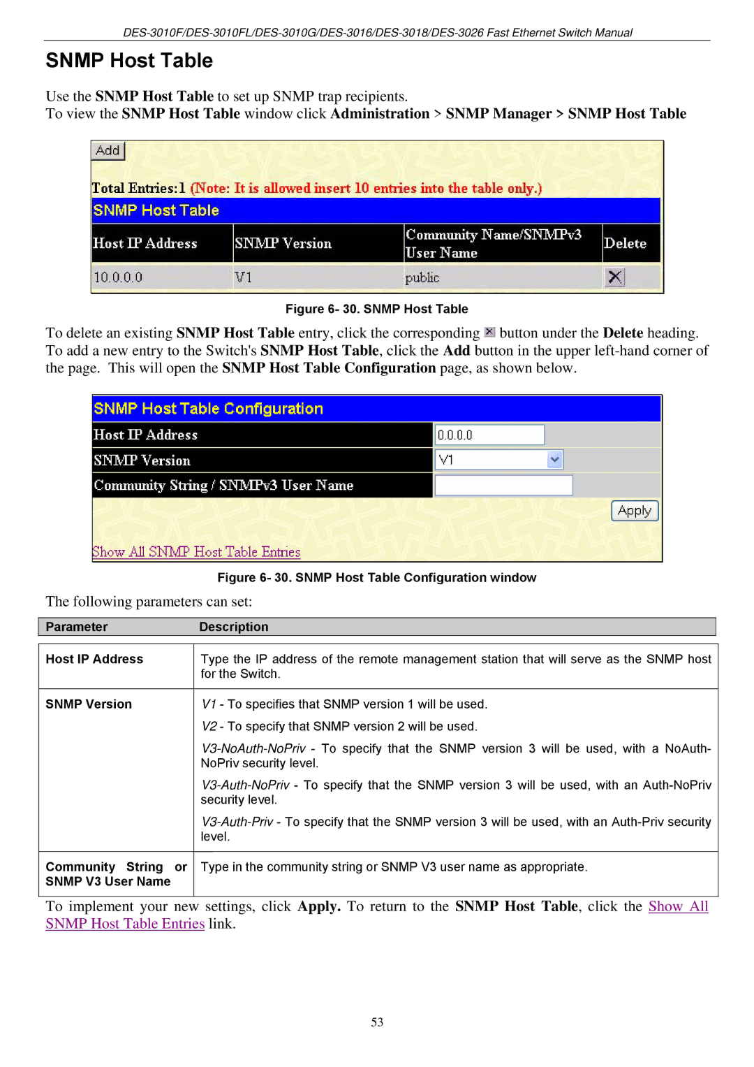 D-Link DES-3018 manual Use the Snmp Host Table to set up Snmp trap recipients 