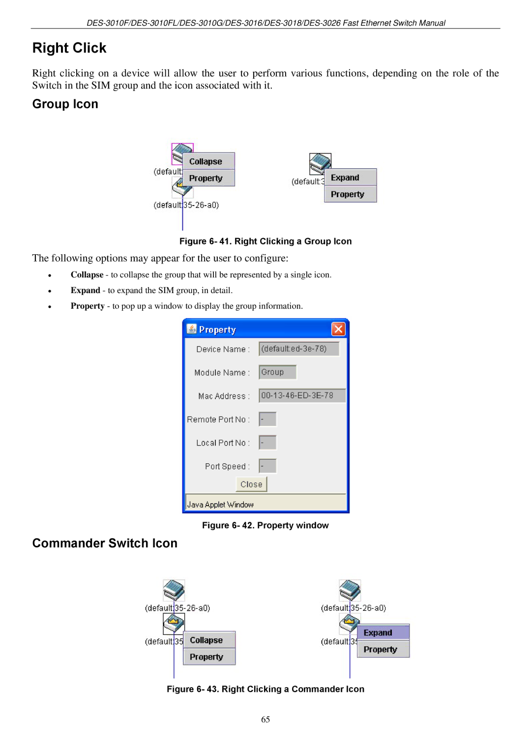 D-Link DES-3018 Right Click, Group Icon, Commander Switch Icon, Following options may appear for the user to configure 