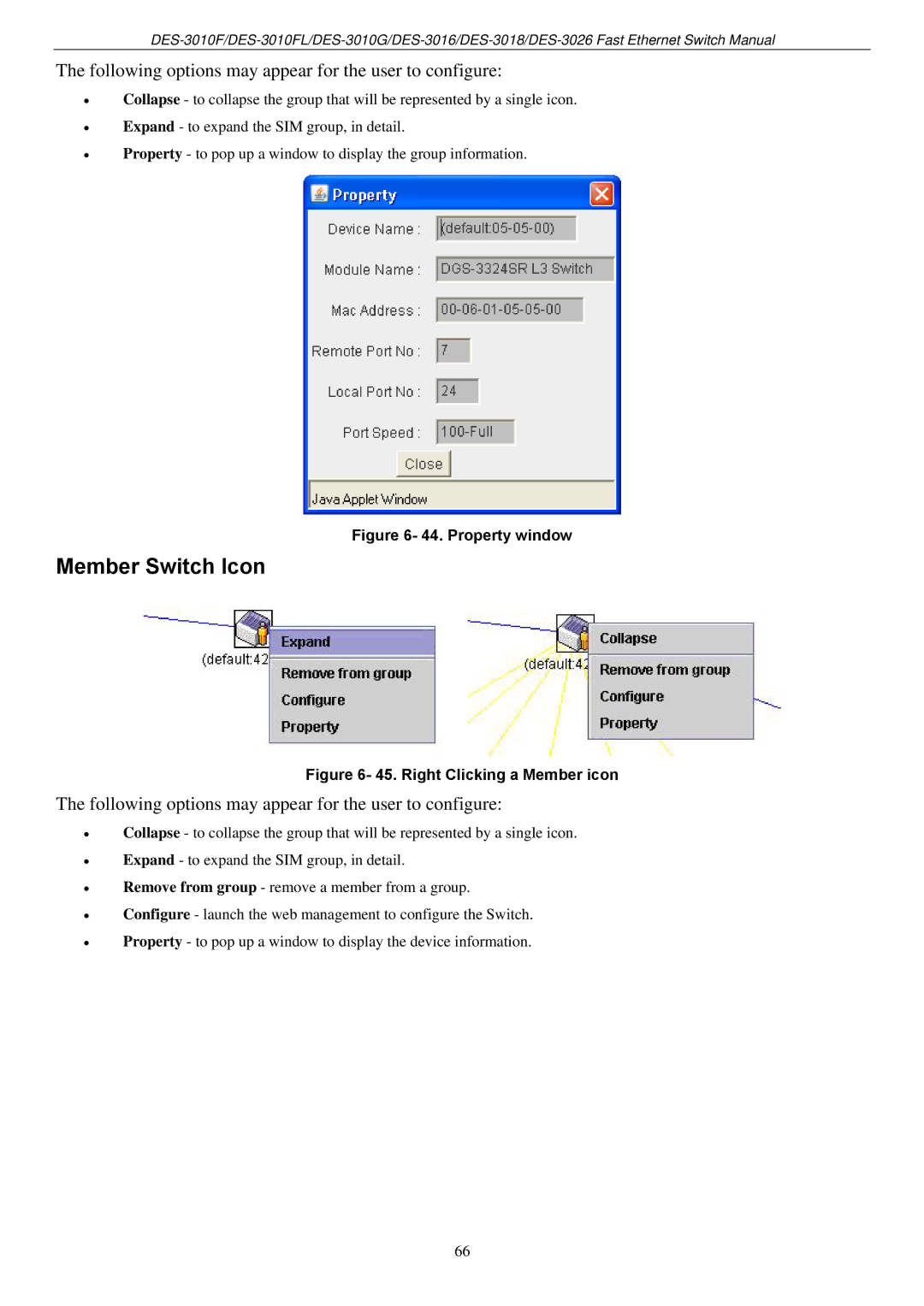 D-Link DES-3018 manual Member Switch Icon, Property window 