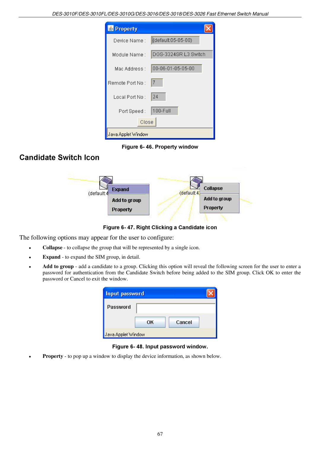 D-Link DES-3018 manual Candidate Switch Icon, Property window 