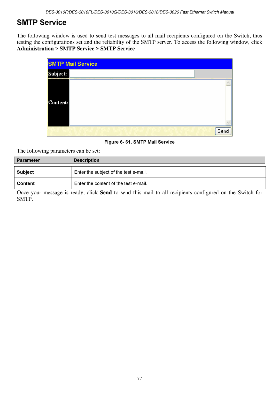 D-Link DES-3018 manual Smtp Service, ParameterDescription Subject Content 