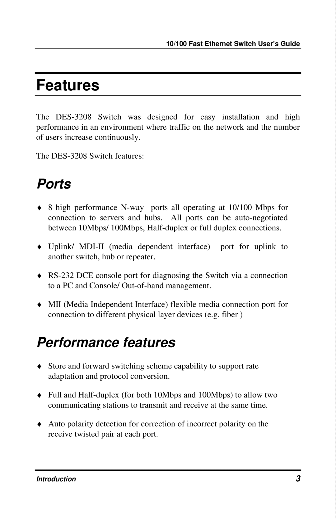 D-Link DES-3208 manual Features, Ports, Performance features 