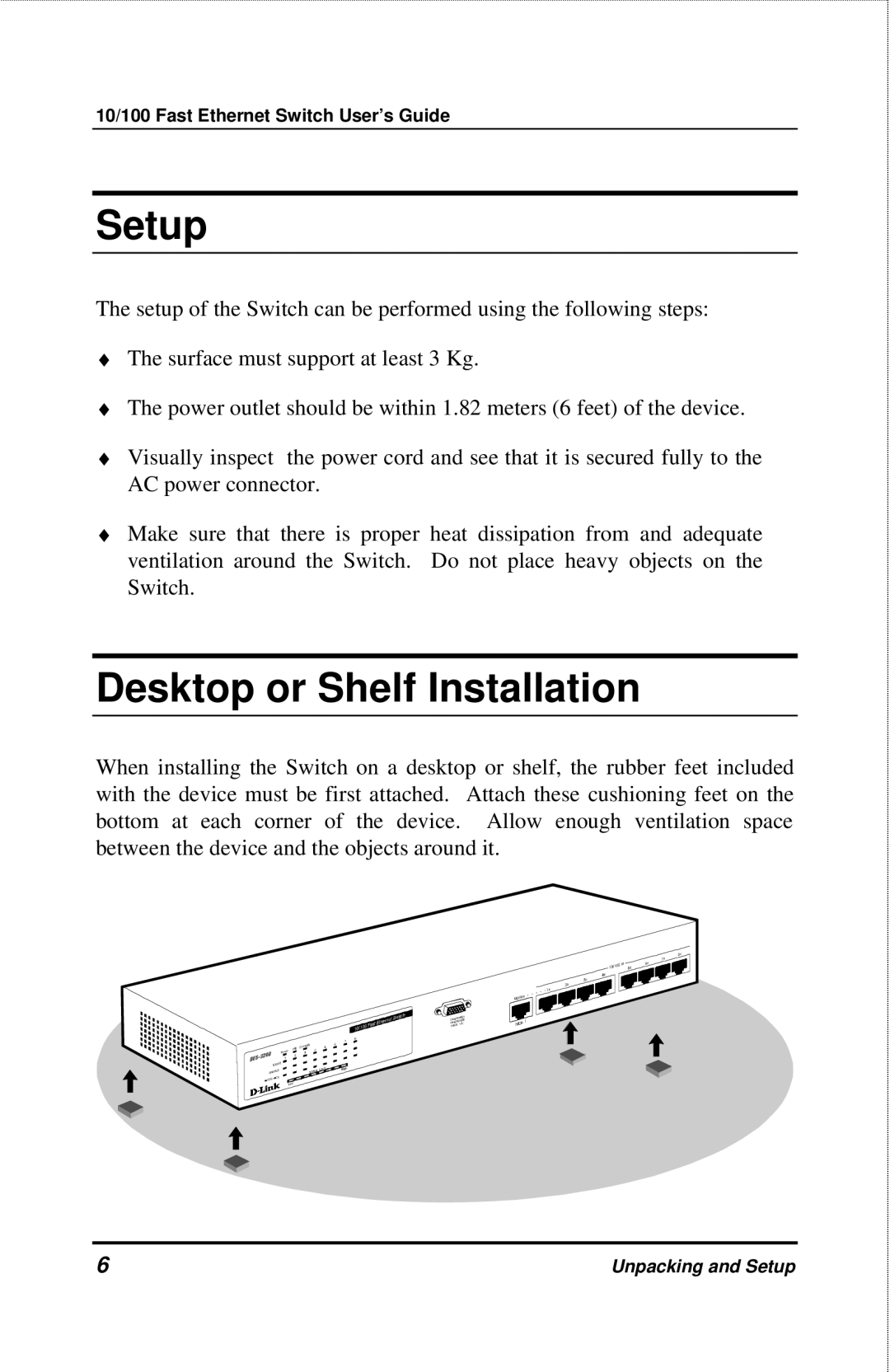 D-Link DES-3208 manual Setup, Desktop or Shelf Installation 