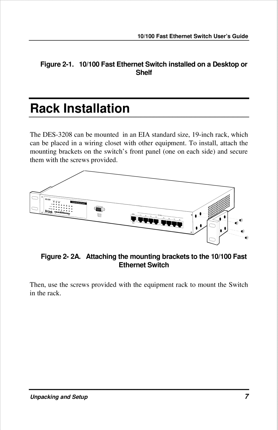 D-Link DES-3208 manual Rack Installation, Fast Ethernet Switch installed on a Desktop or Shelf 