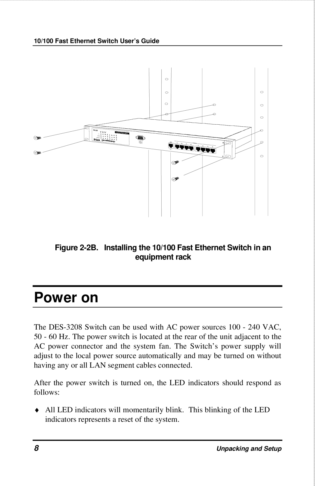 D-Link DES-3208 manual Power on 