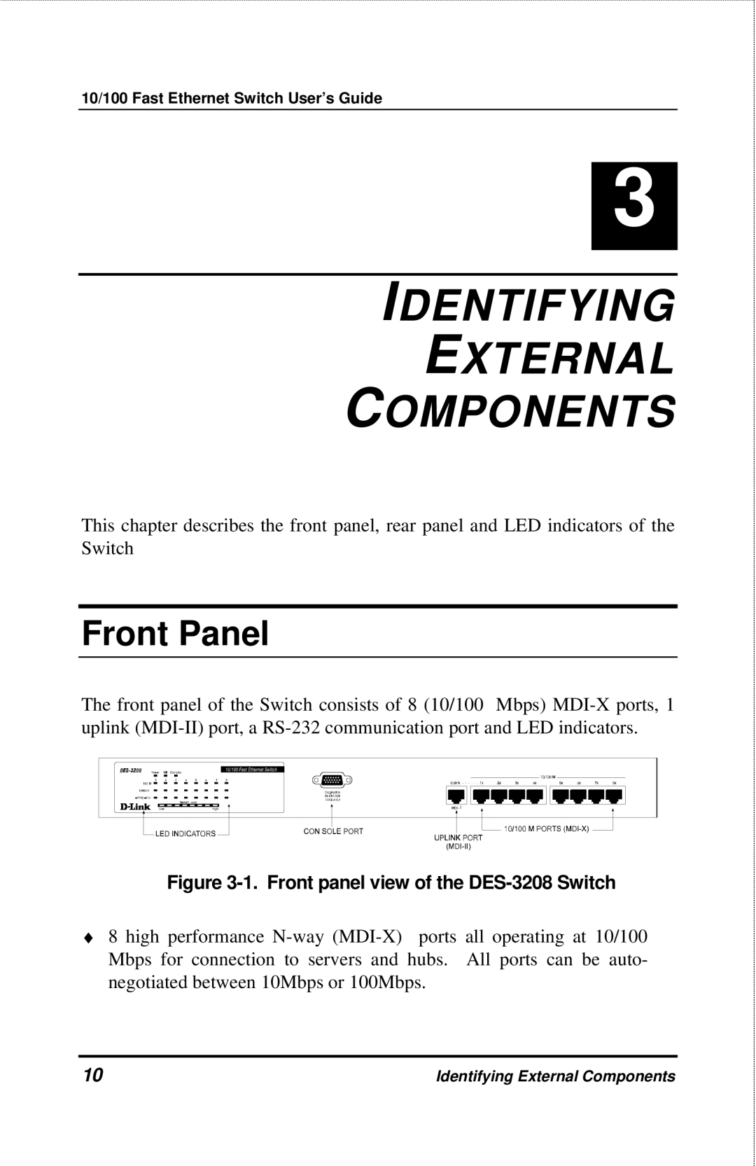 D-Link DES-3208 manual Identifying External Components, Front Panel 