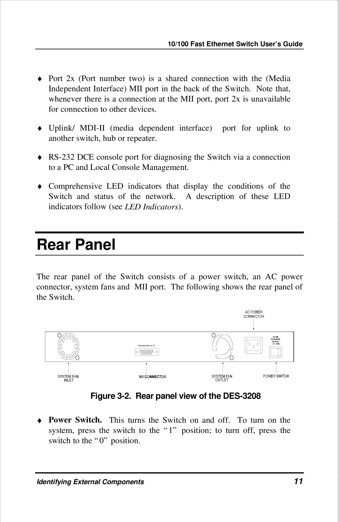 D-Link manual Rear Panel, Rear panel view of the DES-3208 