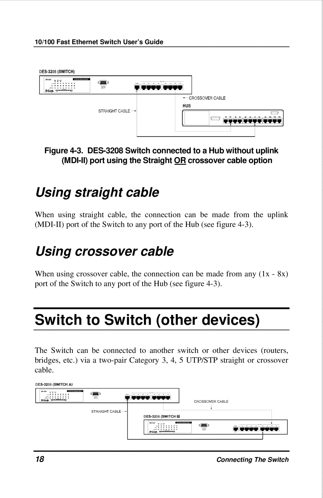 D-Link DES-3208 manual Switch to Switch other devices, Using straight cable, Using crossover cable 