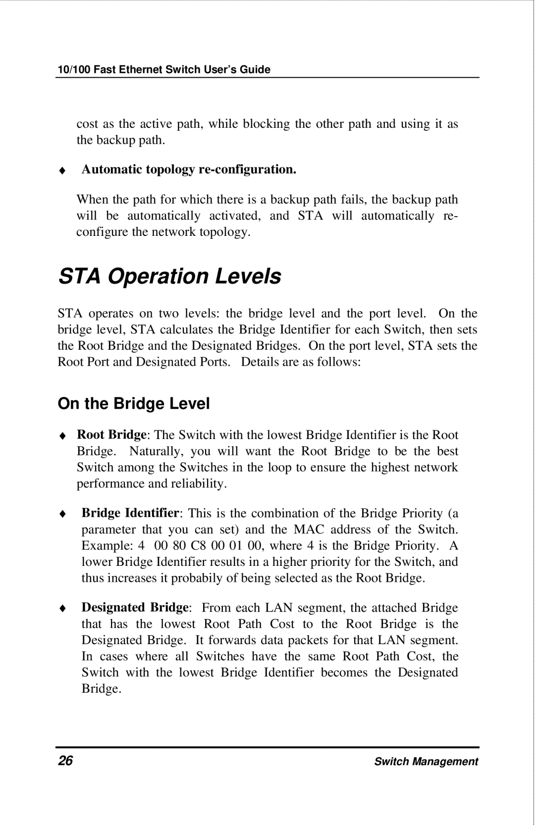 D-Link DES-3208 manual STA Operation Levels, Automatic topology re-configuration 