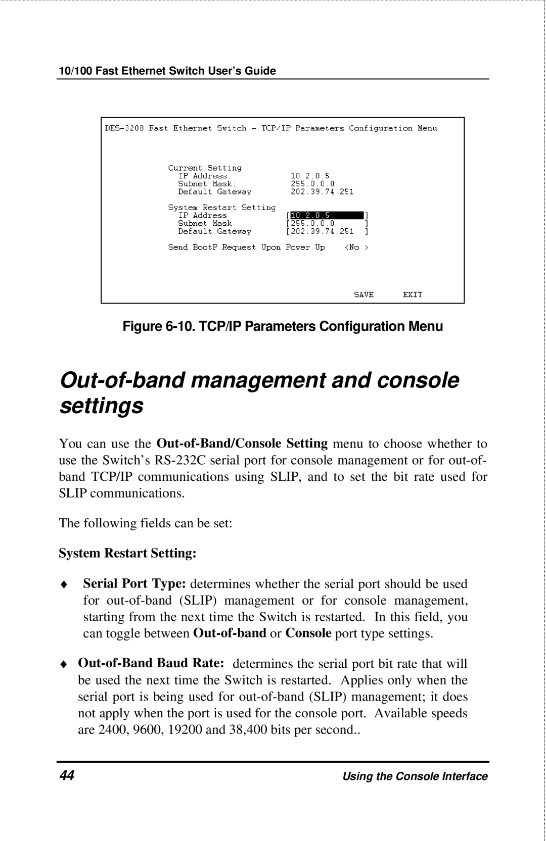 D-Link DES-3208 manual Out-of-band management and console settings, System Restart Setting 