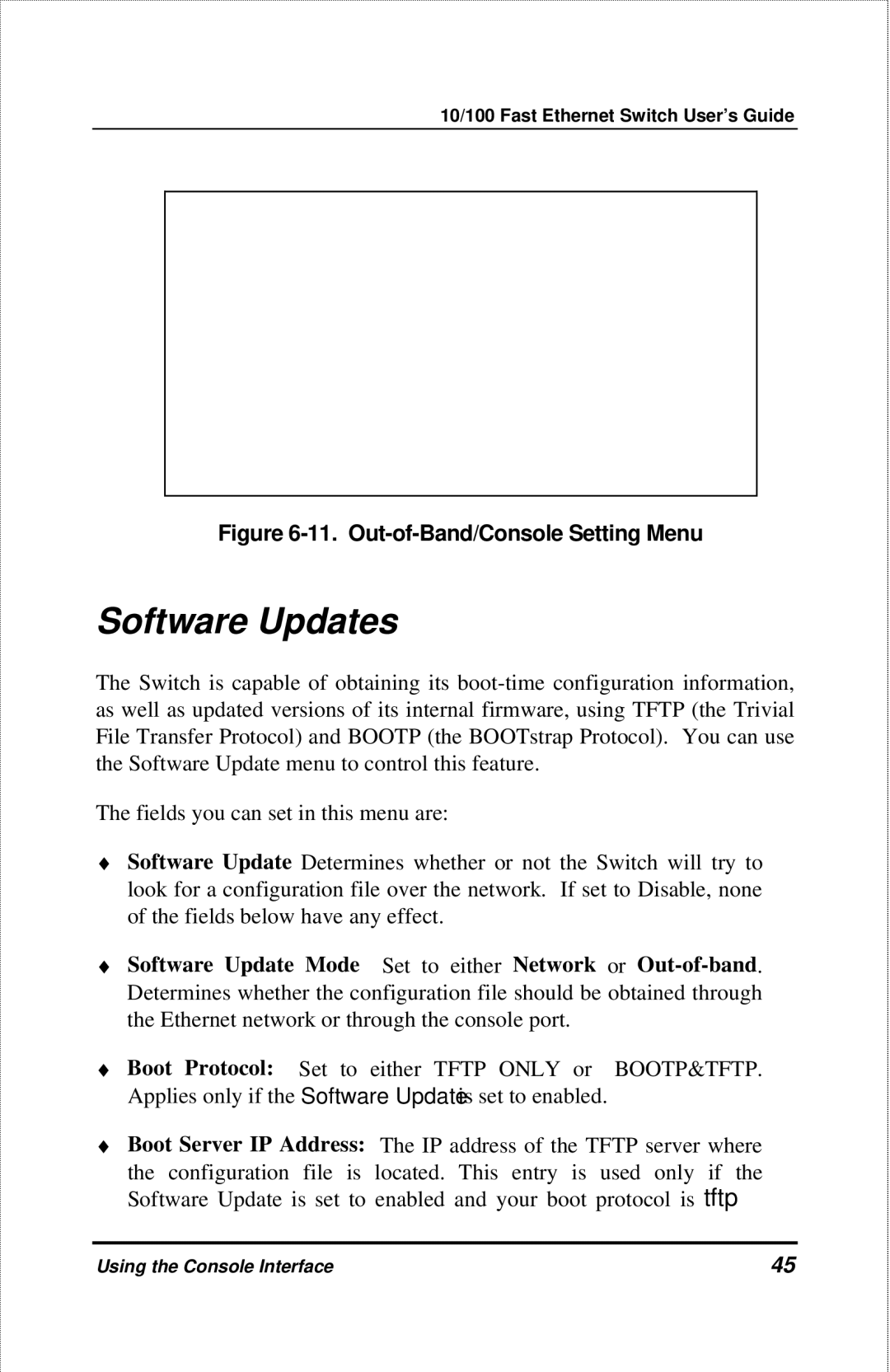 D-Link DES-3208 manual Software Updates, Out-of-Band/Console Setting Menu 