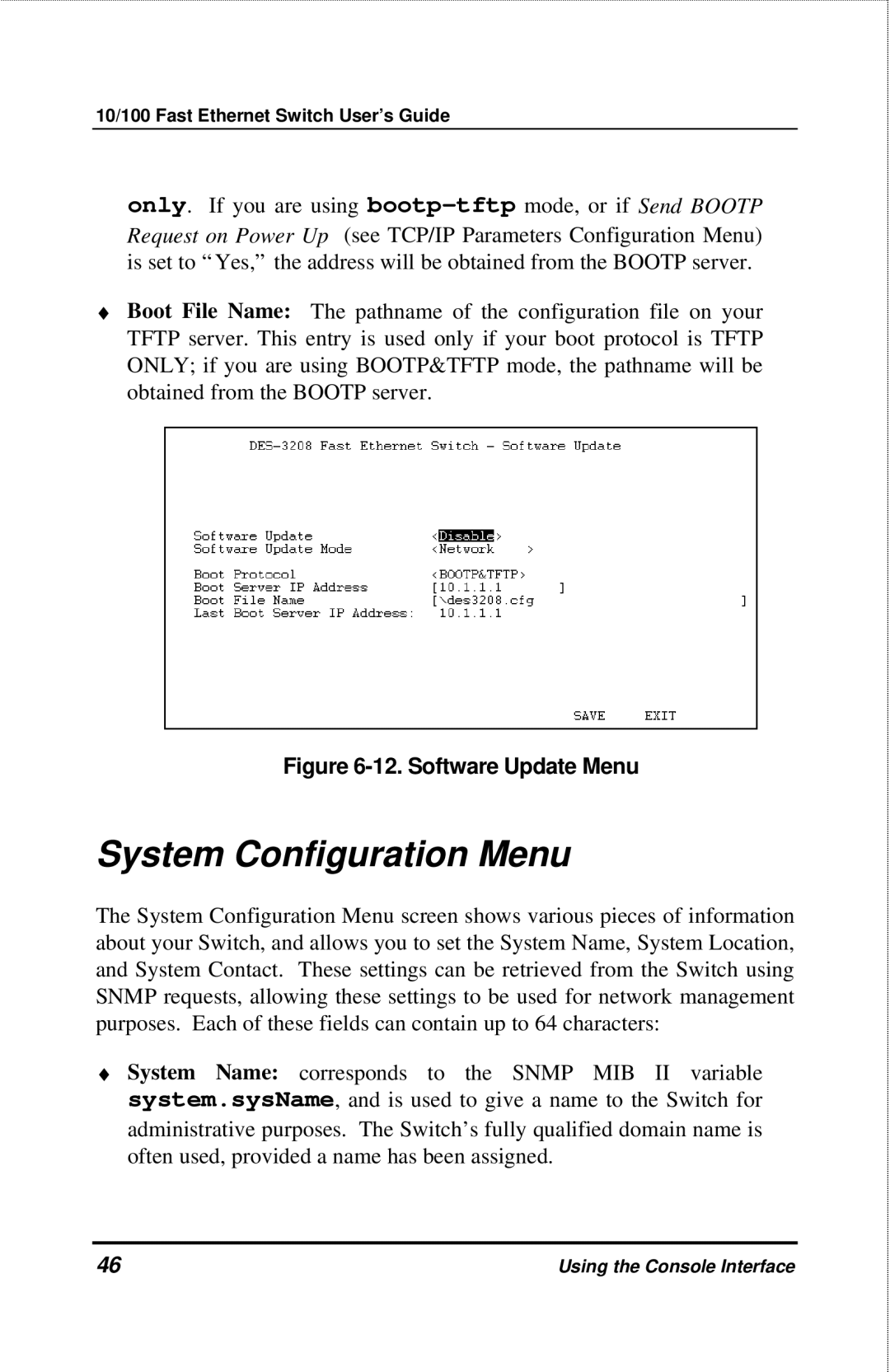 D-Link DES-3208 manual System Configuration Menu, Software Update Menu 