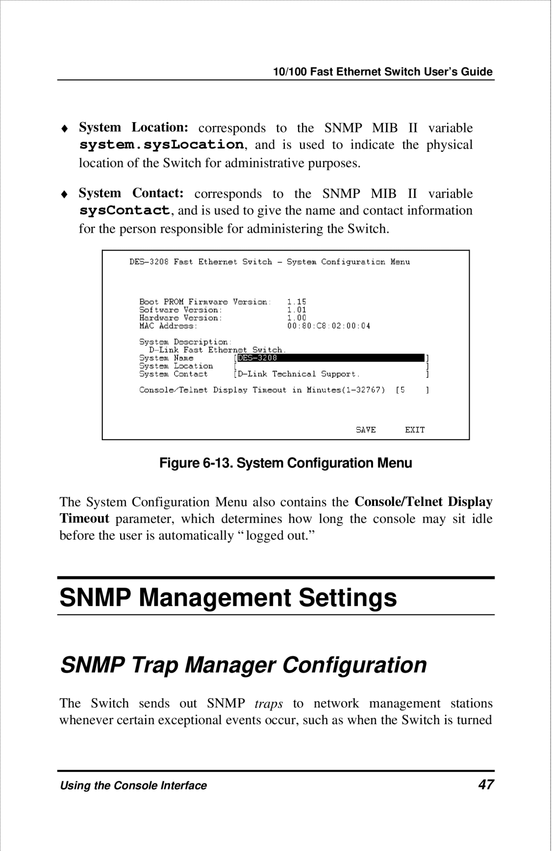 D-Link DES-3208 manual Snmp Management Settings, Snmp Trap Manager Configuration 