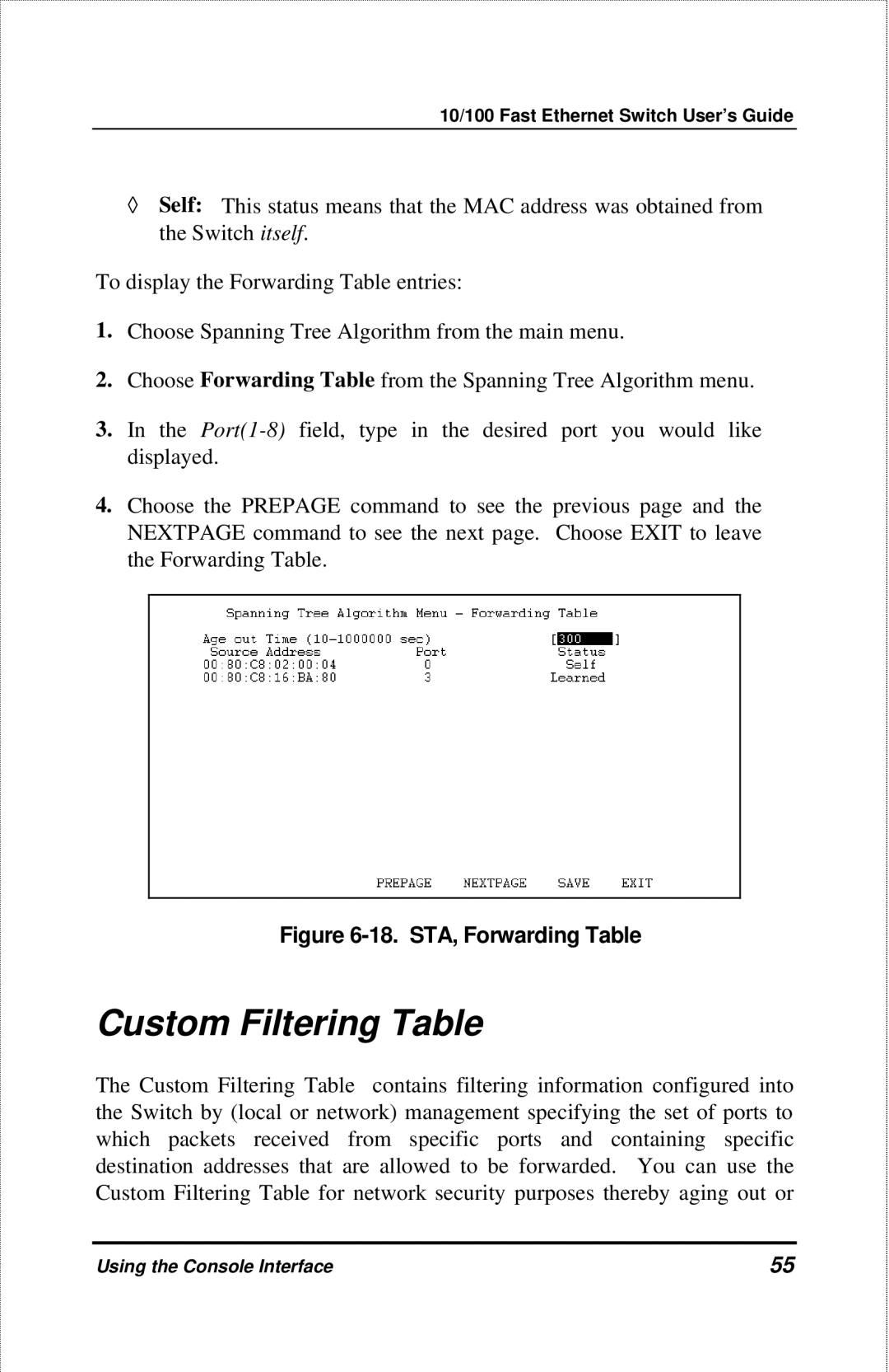 D-Link DES-3208 manual Custom Filtering Table, STA, Forwarding Table 