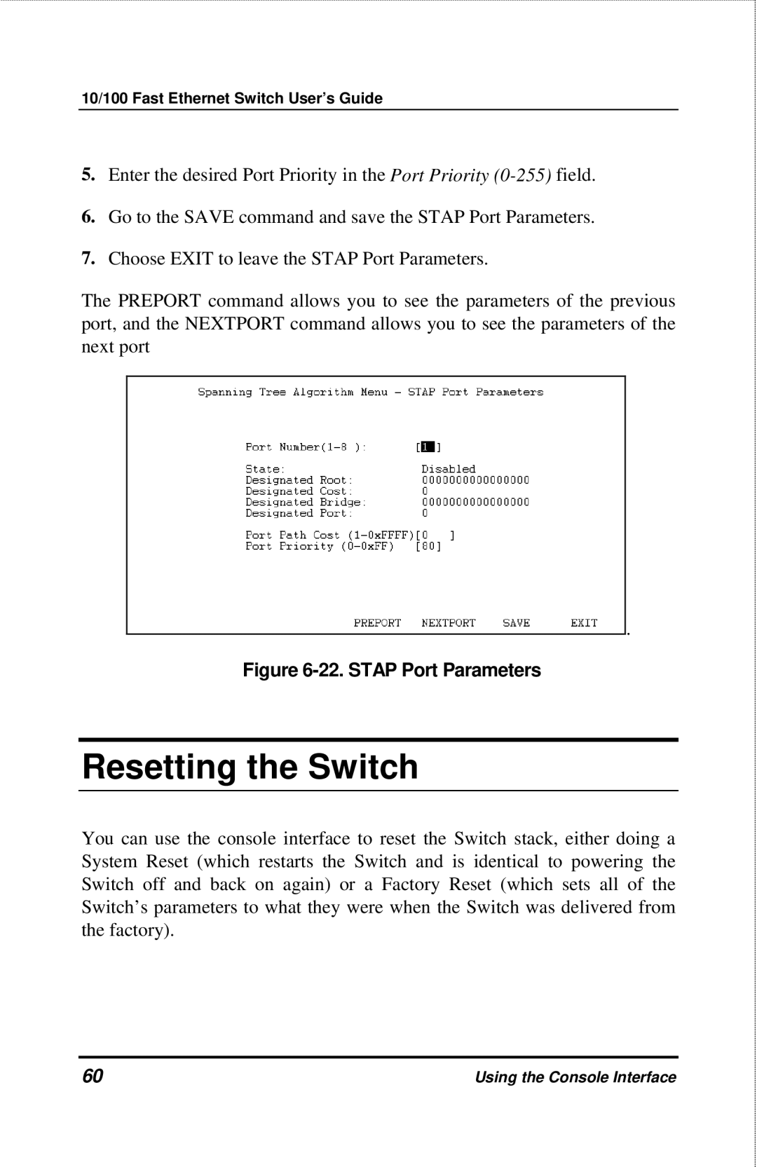 D-Link DES-3208 manual Resetting the Switch, Stap Port Parameters 