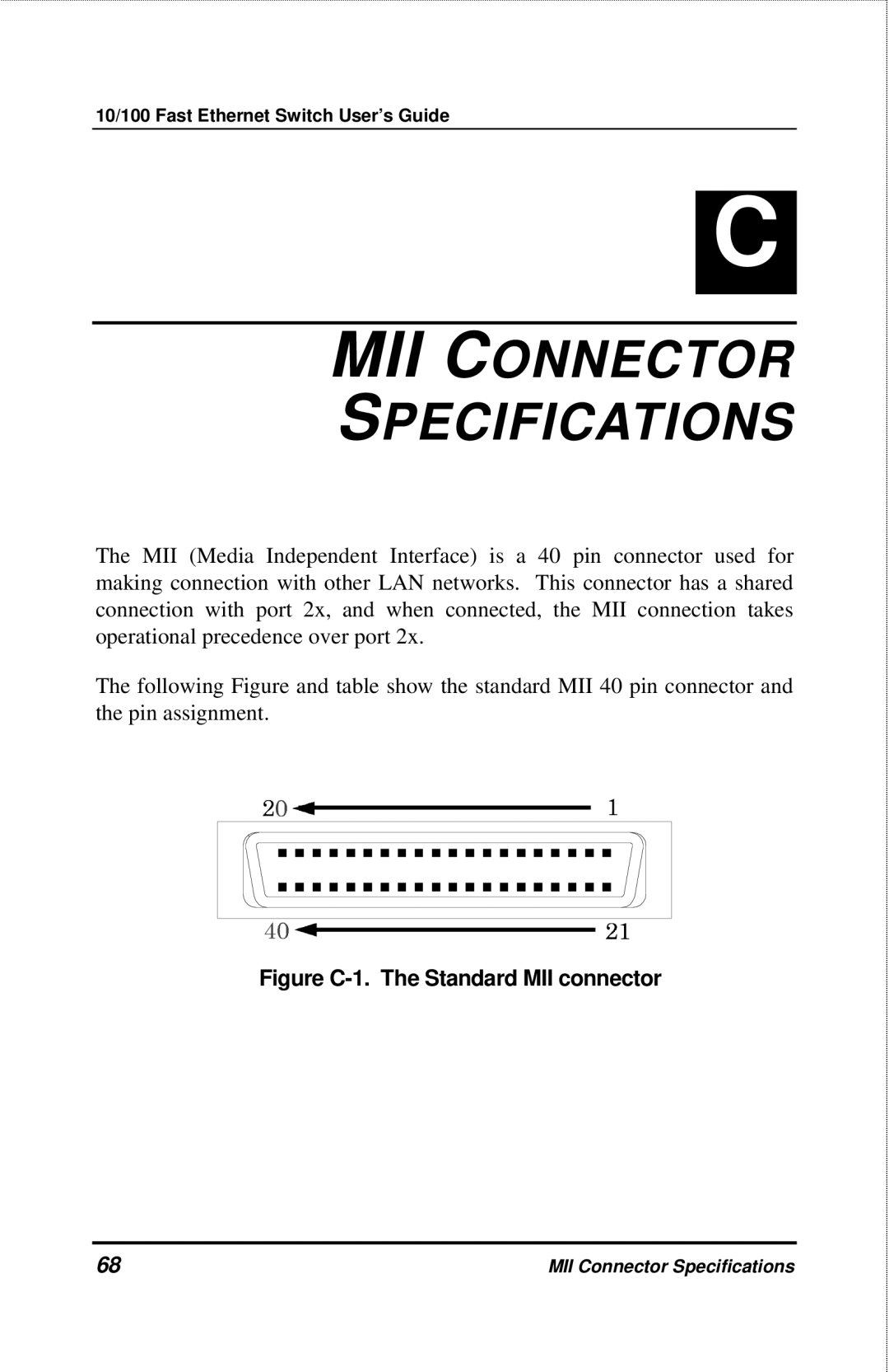 D-Link DES-3208 manual MII Connector Specifications, Figure C-1. The Standard MII connector 