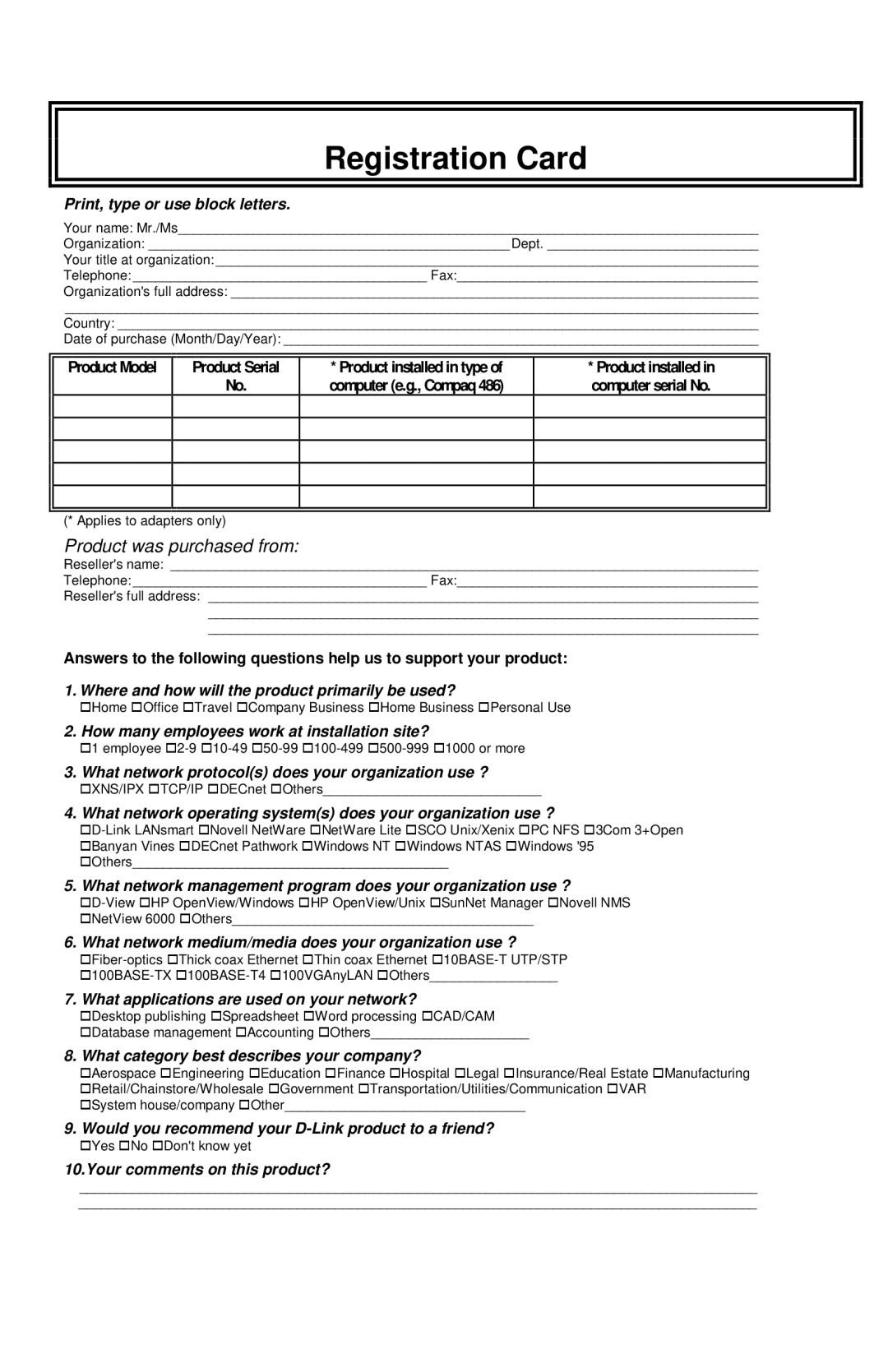 D-Link DES-3208 manual Registration Card 