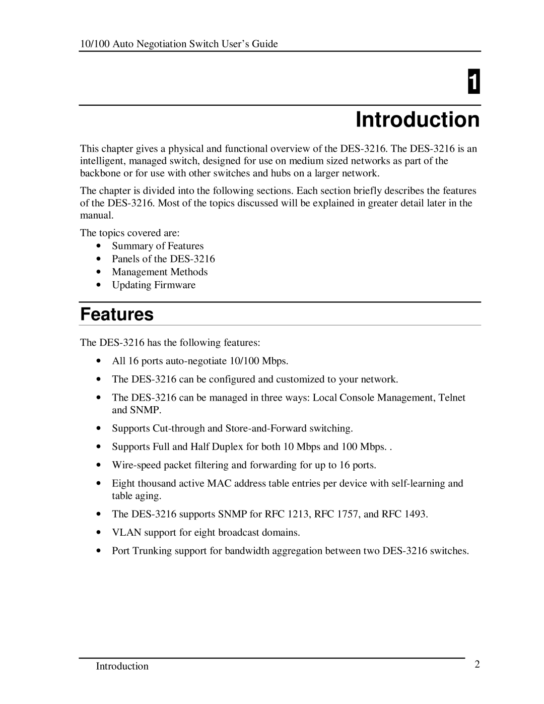 D-Link DES-3216 manual Introduction, Features 